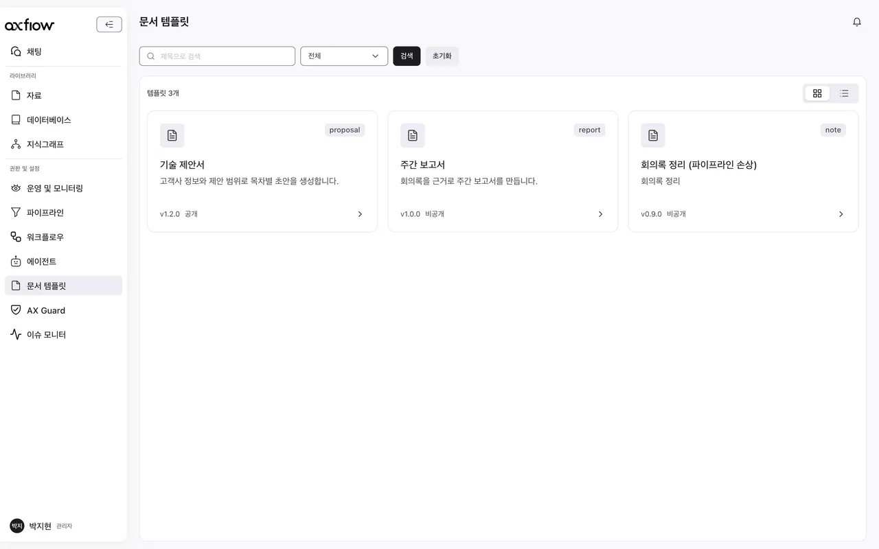 AxFlow 문서 템플릿 목록.